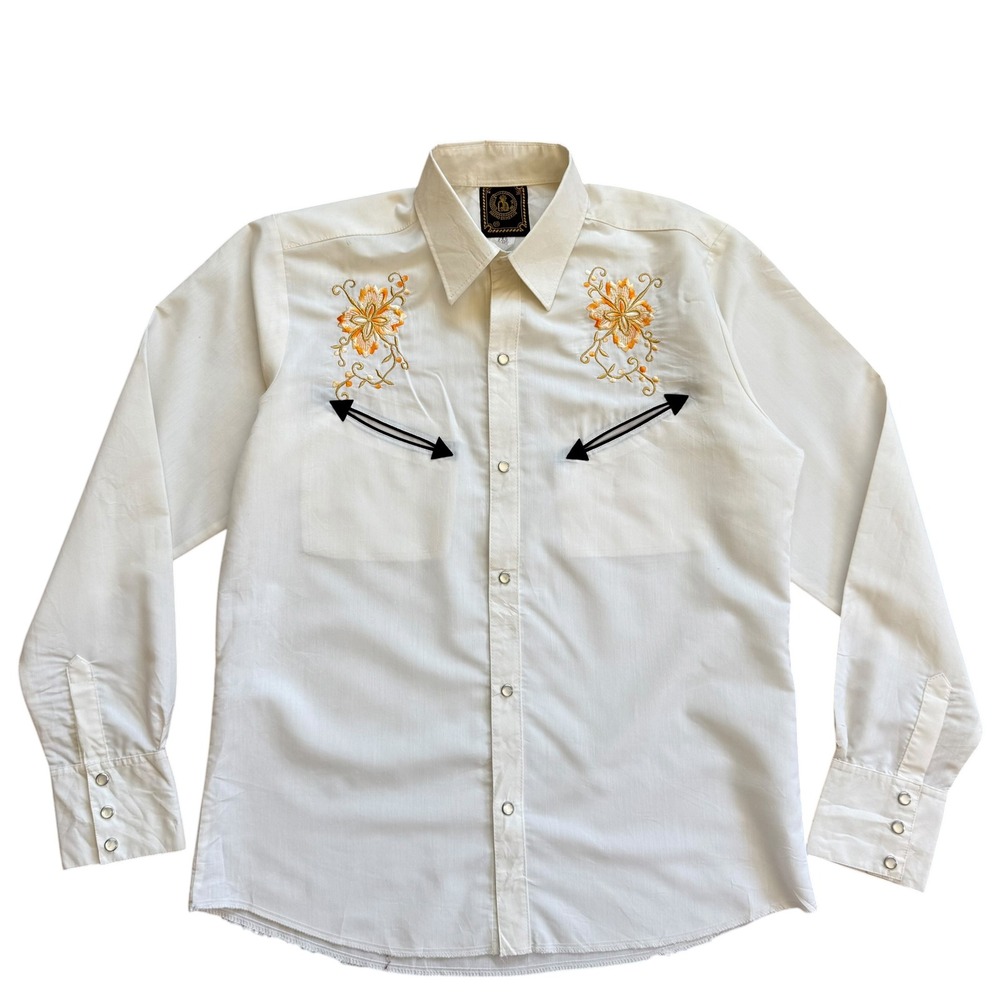 Espuela De Oro Mens Vintage‎ Western Pearl Snap Shirt Embroidered Cream Size M